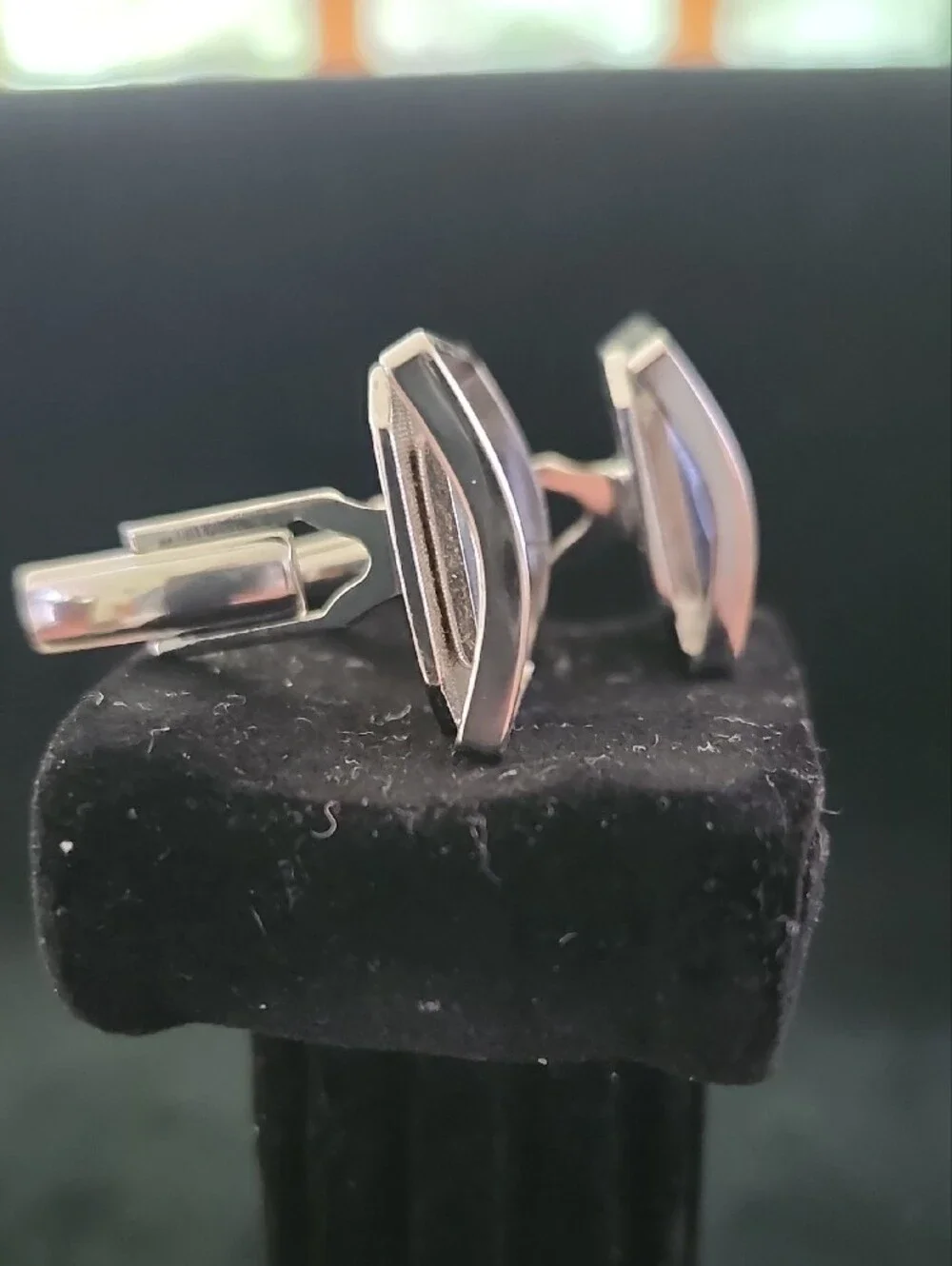 Mid Century Geometric Hematite & Silver Tone 3D Trim Cufflinks